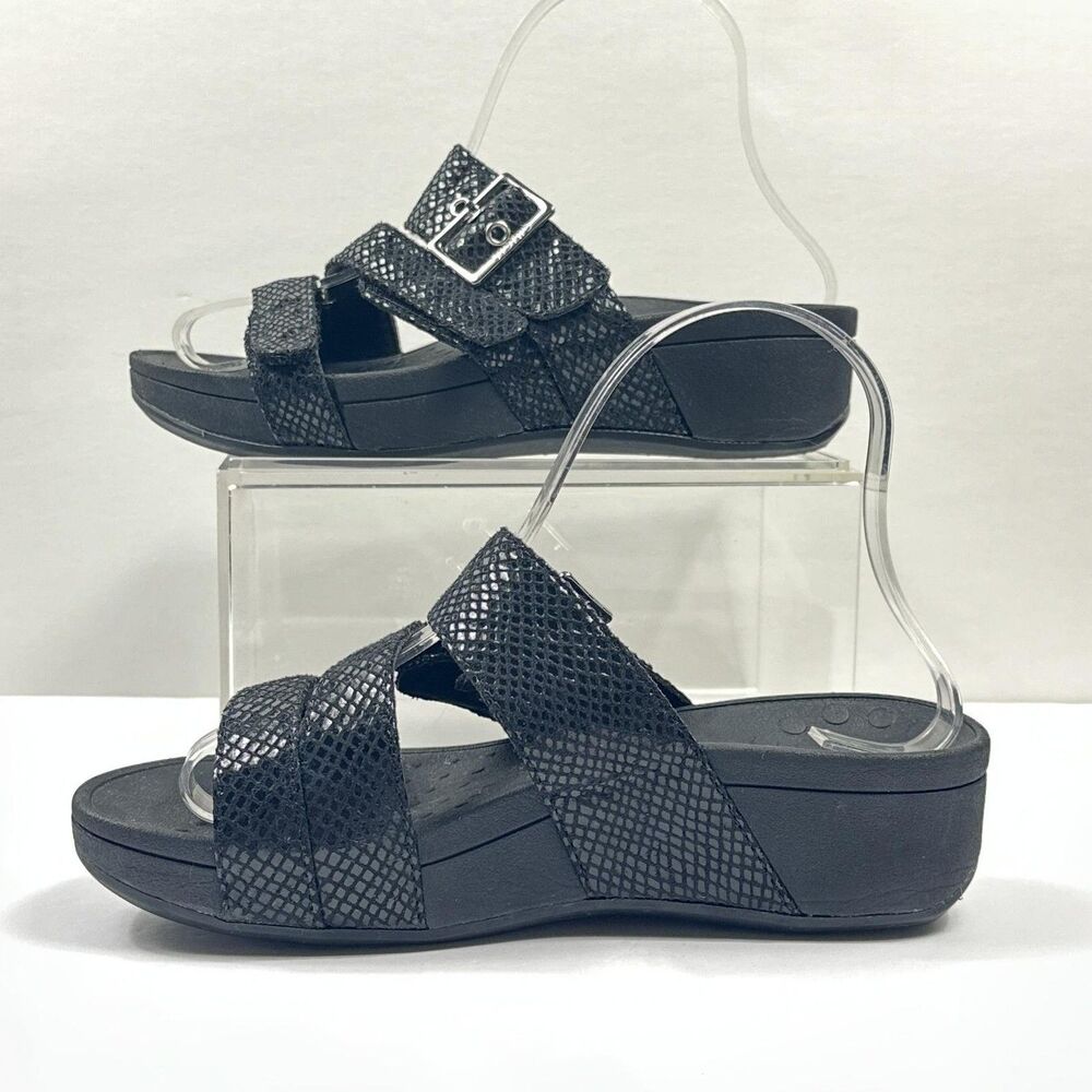 Vionic Rio Sandals Womens 6 Black Wedge Slide Comfort Orthotic Snake Embossed - Picture 3 of 10